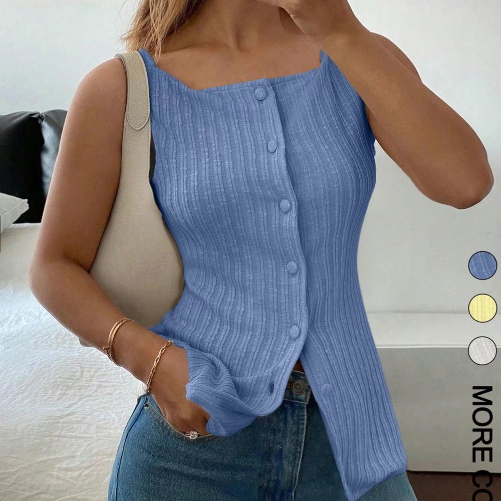 Blue Ribbed Button-Up Women's Top